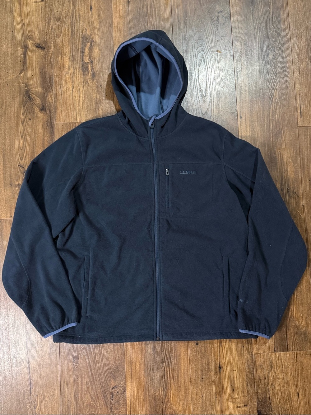 L.L.Bean Men’s Polartec Hooded Fleece Jacket Full Zip Navy Blue Large - Picture 2 of 13